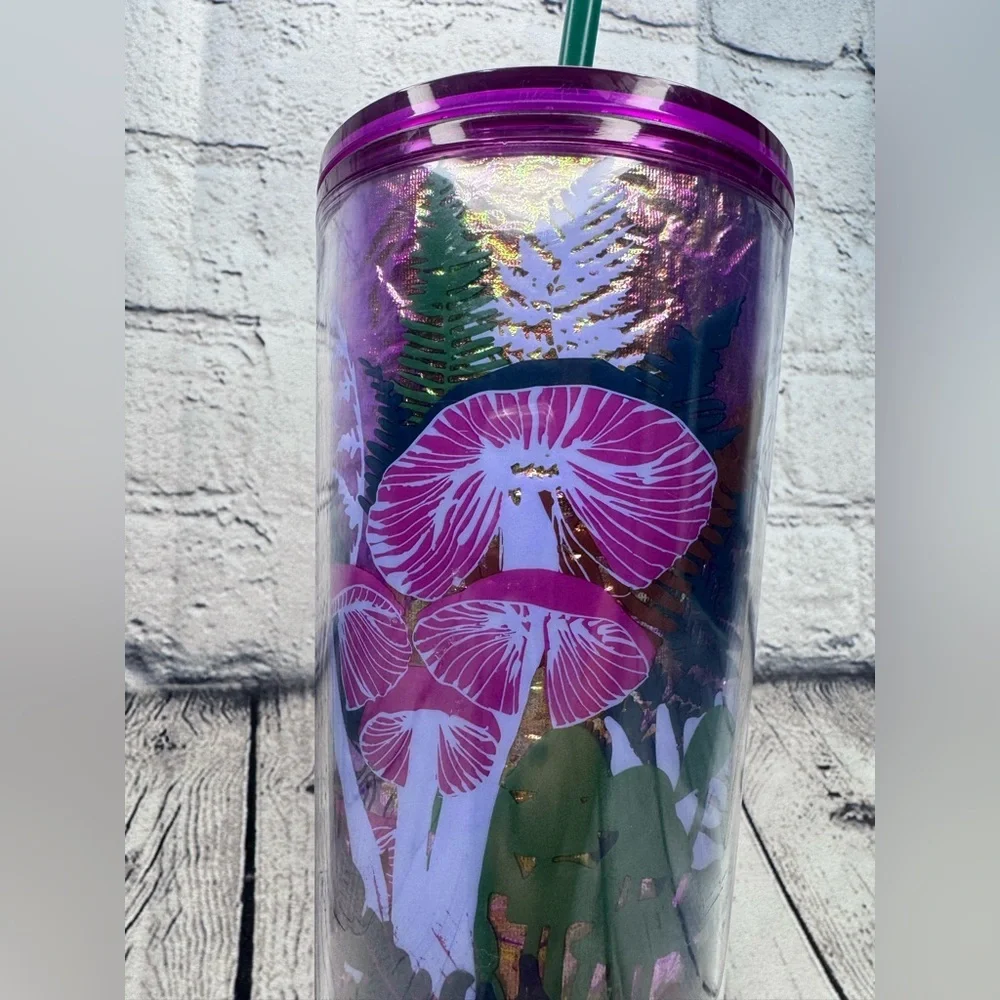 Starbucks Purple and Green Iridescent Foil Mushroom Tumbler with Straw